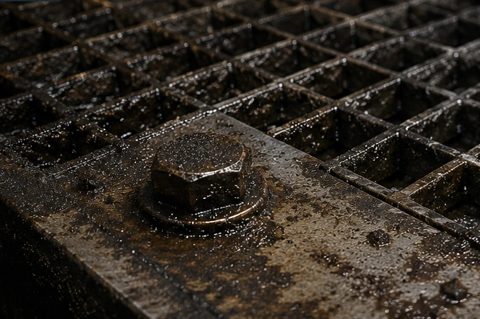 Contaminated industrial metal grating before dry ice cleaning